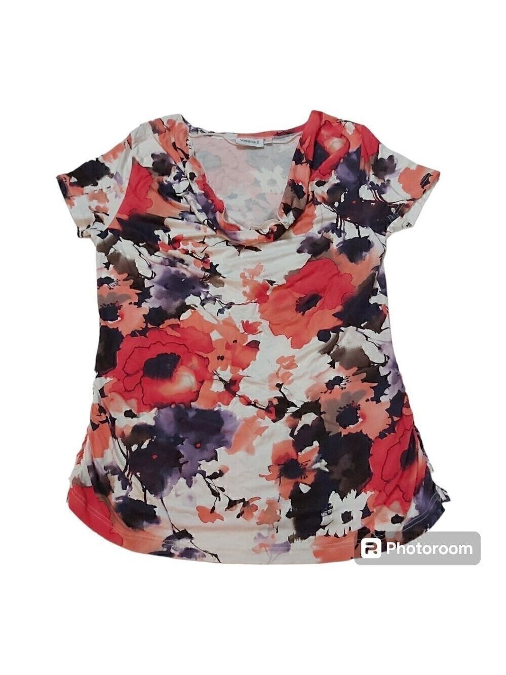 Yessica Women's Short Sleeve Floral Cowl Neck Shirt - Size Large